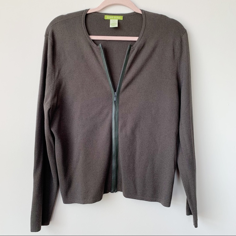 Sigrid Olsen Zip Front Sweater Leather Trim Brown Size Petite Large